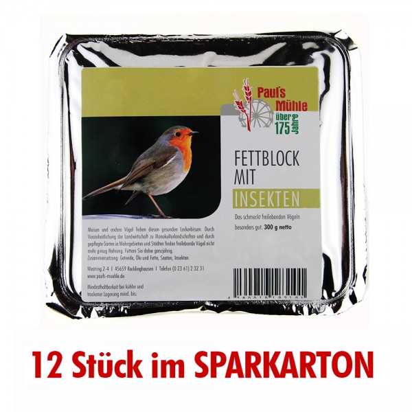 Pauls Mühle Fettblock mit Insekten (Vogelbuffet) 12 x 300 g