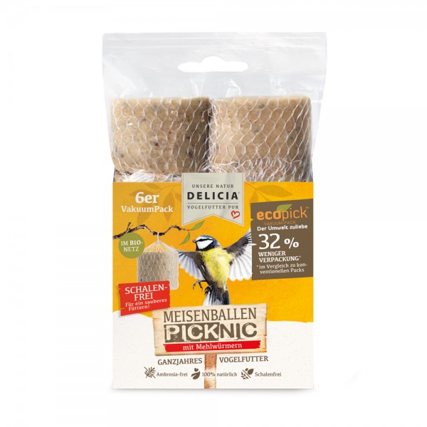 DELICIA ® Meisenballen Picknic mit Mehlwürmern mit Bio-Netz 6 Stück